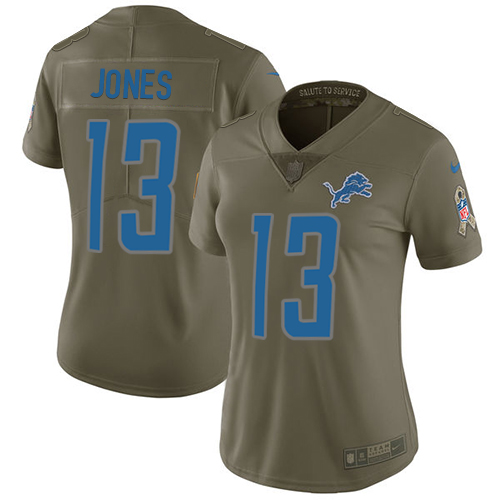 Nike Lions #13 T.J. Jones Olive Women's Stitched NFL Limited Salute to Service Jersey